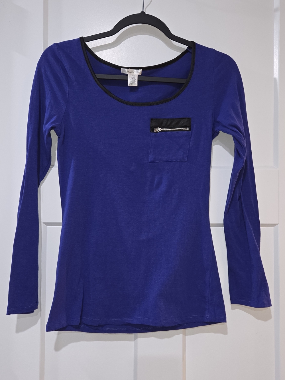 Bozzolo Royal Blue Long Sleeve Scoop Neck Top with Black Trim - Large